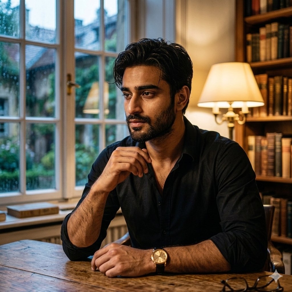 Preview image for Cinematic Chiaroscuro Portrait of a South Asian Man in a Library prompt