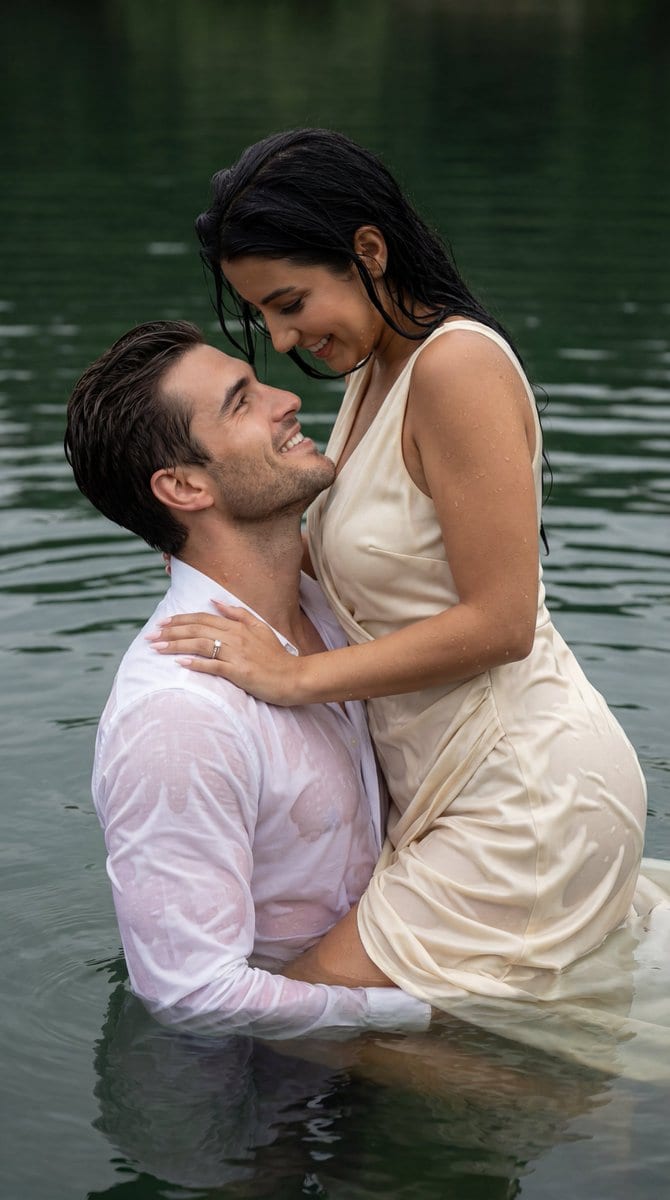 Cinematic Couple Embrace in Lake Prompt (Wet Fabric Physics) - KI-Prompt
