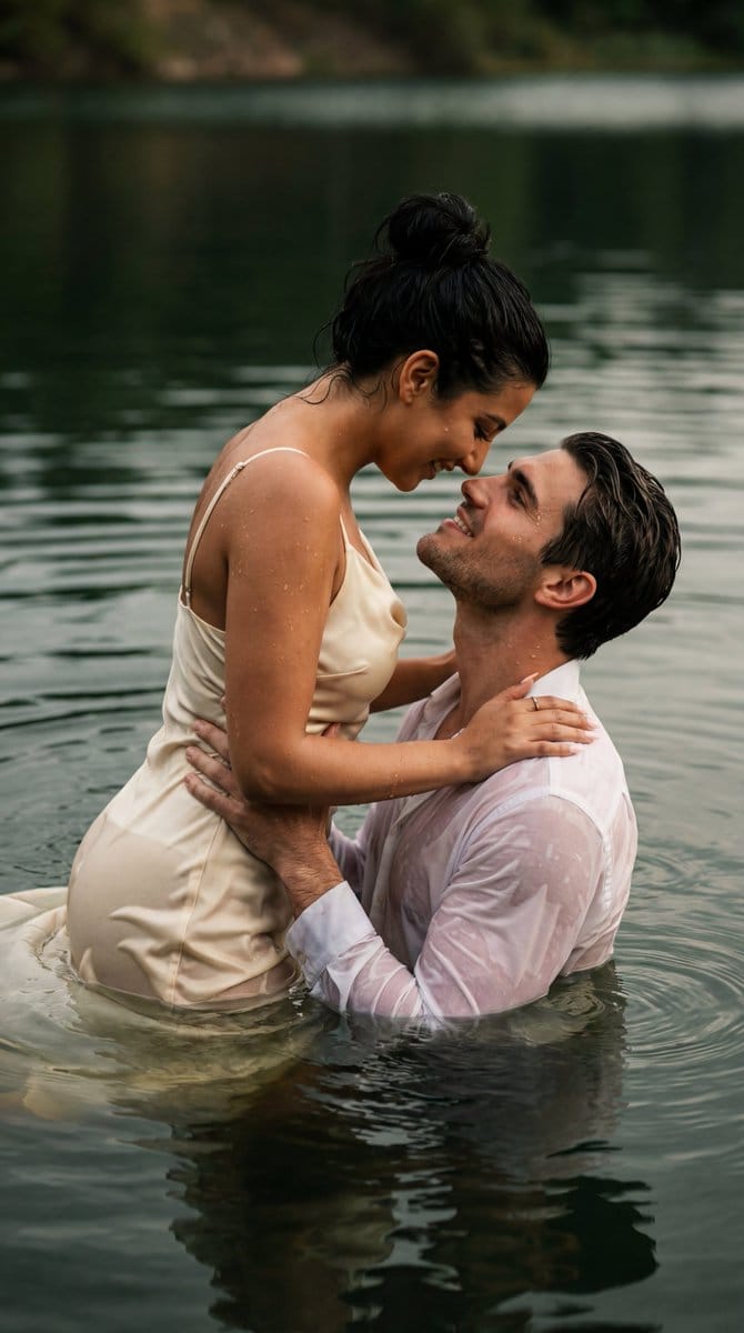 Cinematic Couple Embrace in Lake Water - Prompt de IA