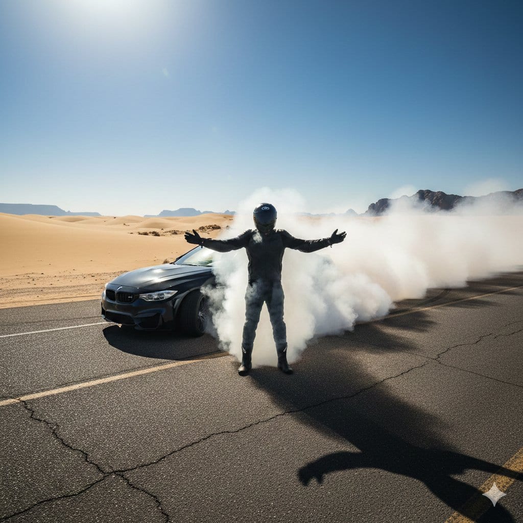 Cinematic Desert Drifting Scene with Batman-like Figure - Prompt de IA