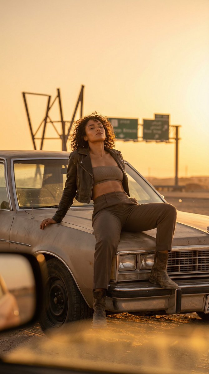 Preview image for Cinematic Desert Rest Stop Portrait at Golden Hour prompt