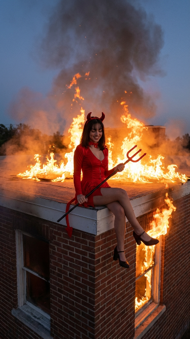 Preview image for Cinematic Devil Costume on Burning Rooftop at Dusk prompt