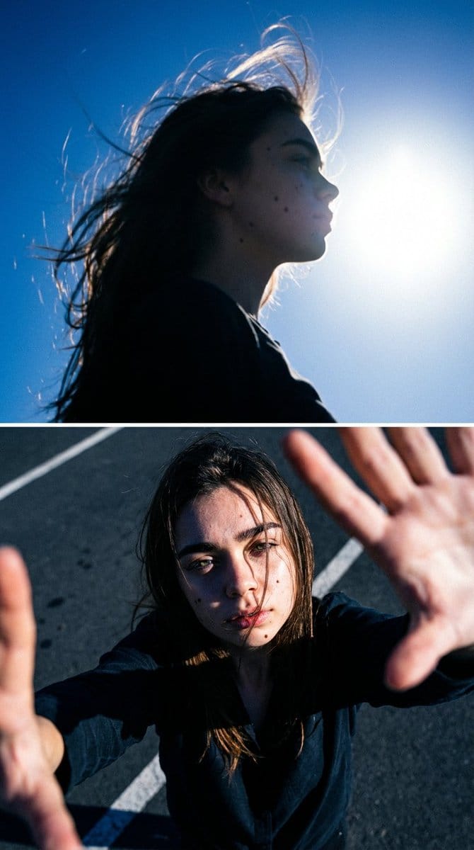 Cinematic Diptych with Identity Lock and Blue Tones - Prompt de IA