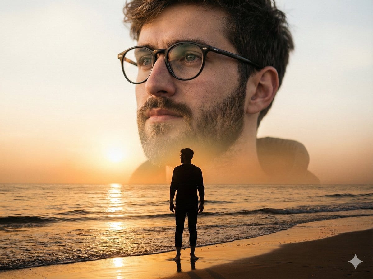 Cinematic Double-Exposure Beach Portrait - AI提示詞