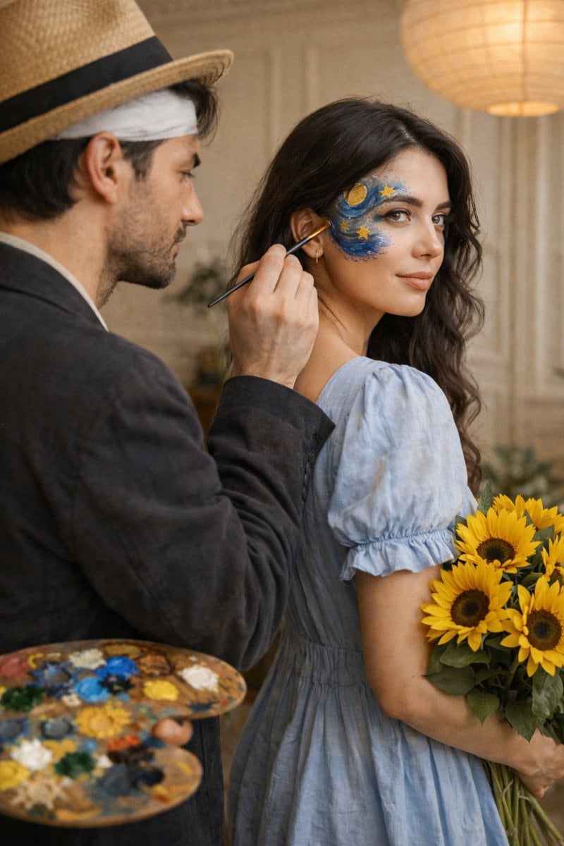 Cinematic Editorial Couple Portrait with Starry Night Face Paint - KI-Prompt