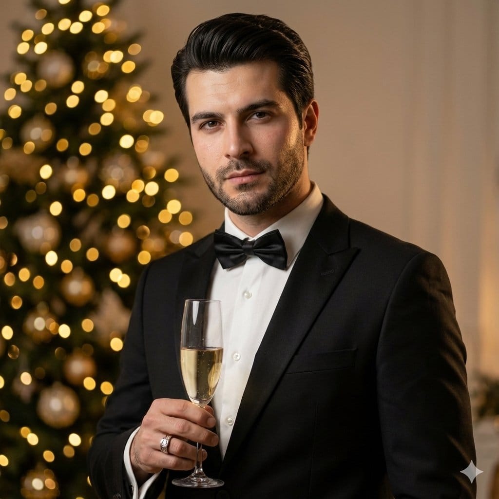 Cinematic Editorial Portrait of a Young Man in a Tuxedo - AIプロンプト