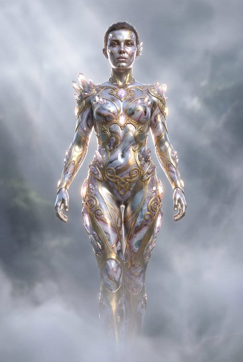 Cinematic fantasy silhouette art with metallic skin prompt - AI 프롬프트