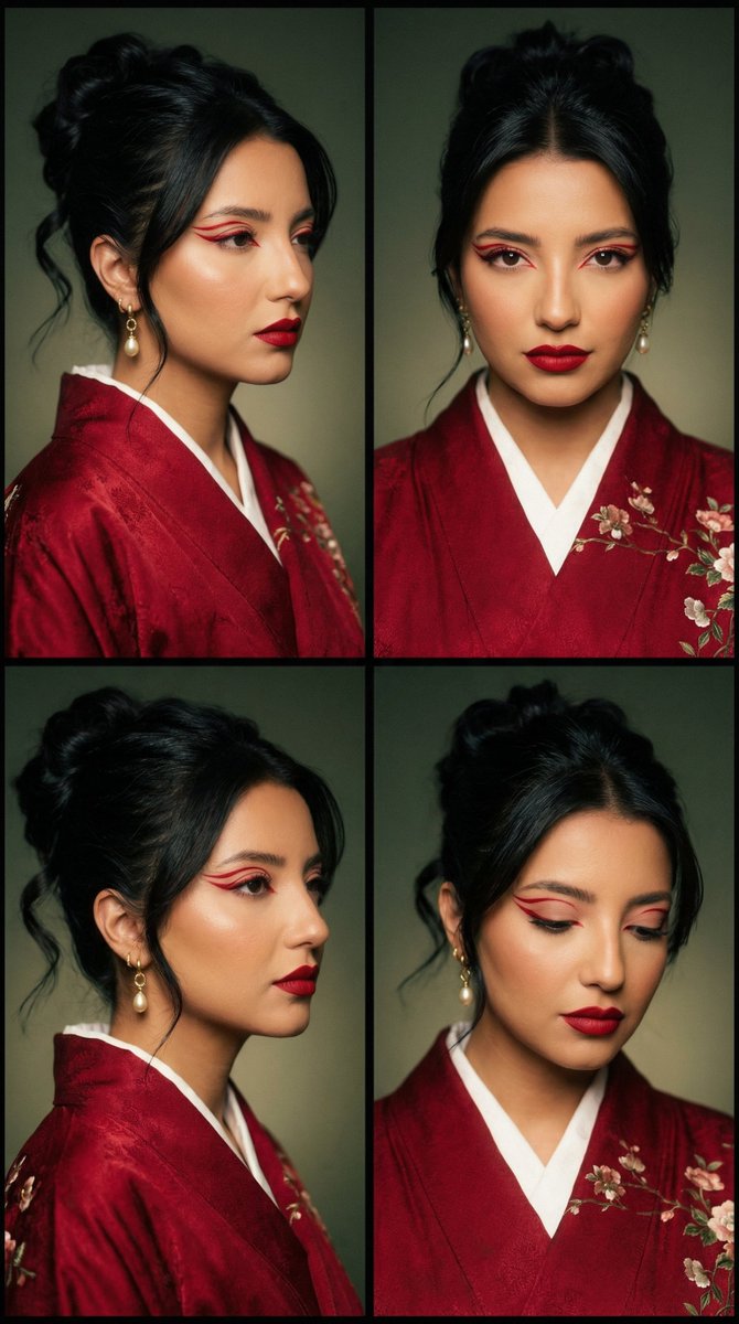 Cinematic Fashion Editorial Grid: Red Kimono & Graphic Liner - AI Art AI Generated Artwork