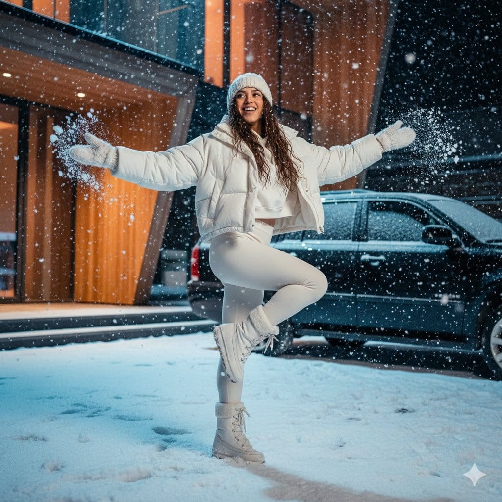 Cinematic Fashion Photo of a Woman Dancing in Heavy Snowfall - AI Generated Realistic Style Image Example