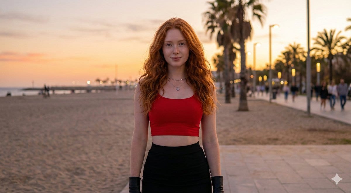 Cinematic Fashion Portrait of a Young Woman at Sunset Beach - Prompt IA