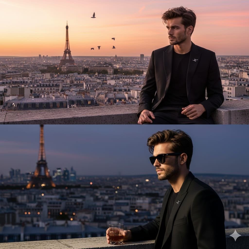 Cinematic Fashion Portrait on a Paris Rooftop - AI 프롬프트
