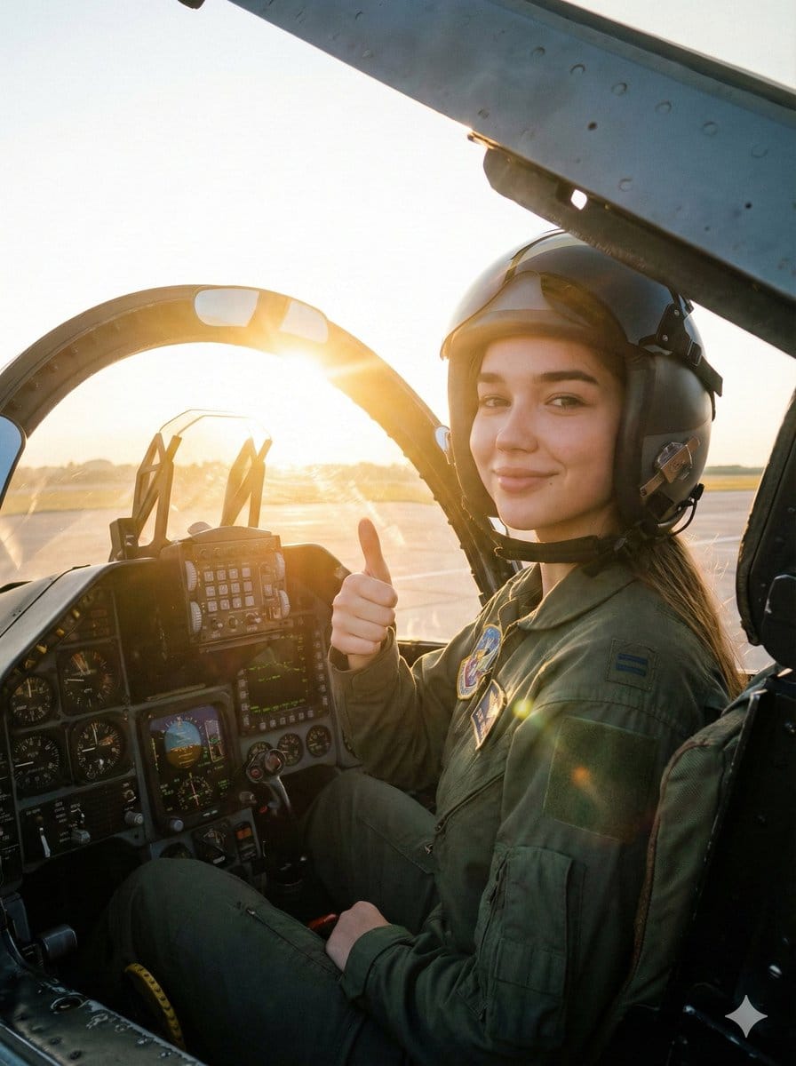Cinematic Female Fighter Pilot Portrait at Sunset - AI Prompt