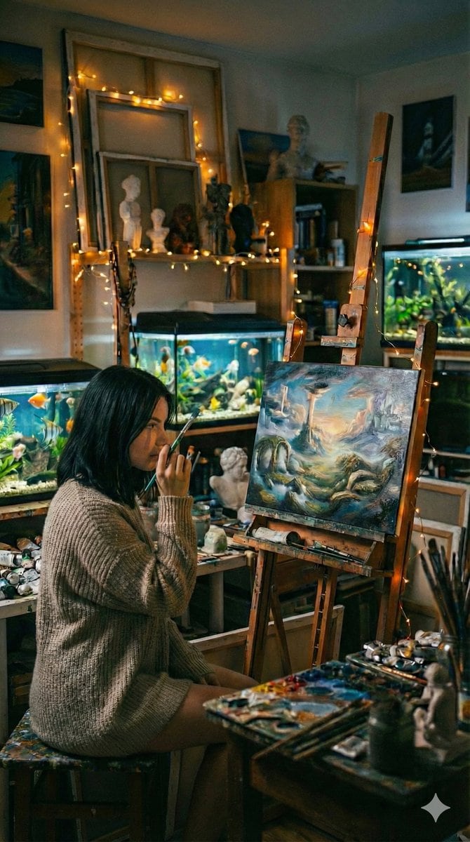 Cinematic Fine-Art Photography of an Artist in Her Studio - KI-Prompt