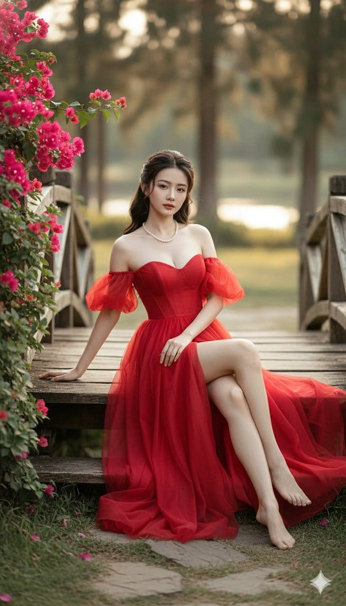 Cinematic Fine-Art Portrait of a Woman in a Red Gala Dress - AI Art AI Generated Artwork