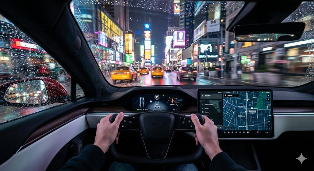 Cinematic First-Person Tesla Drive in Rain-Soaked Manhattan - AI 프롬프트
