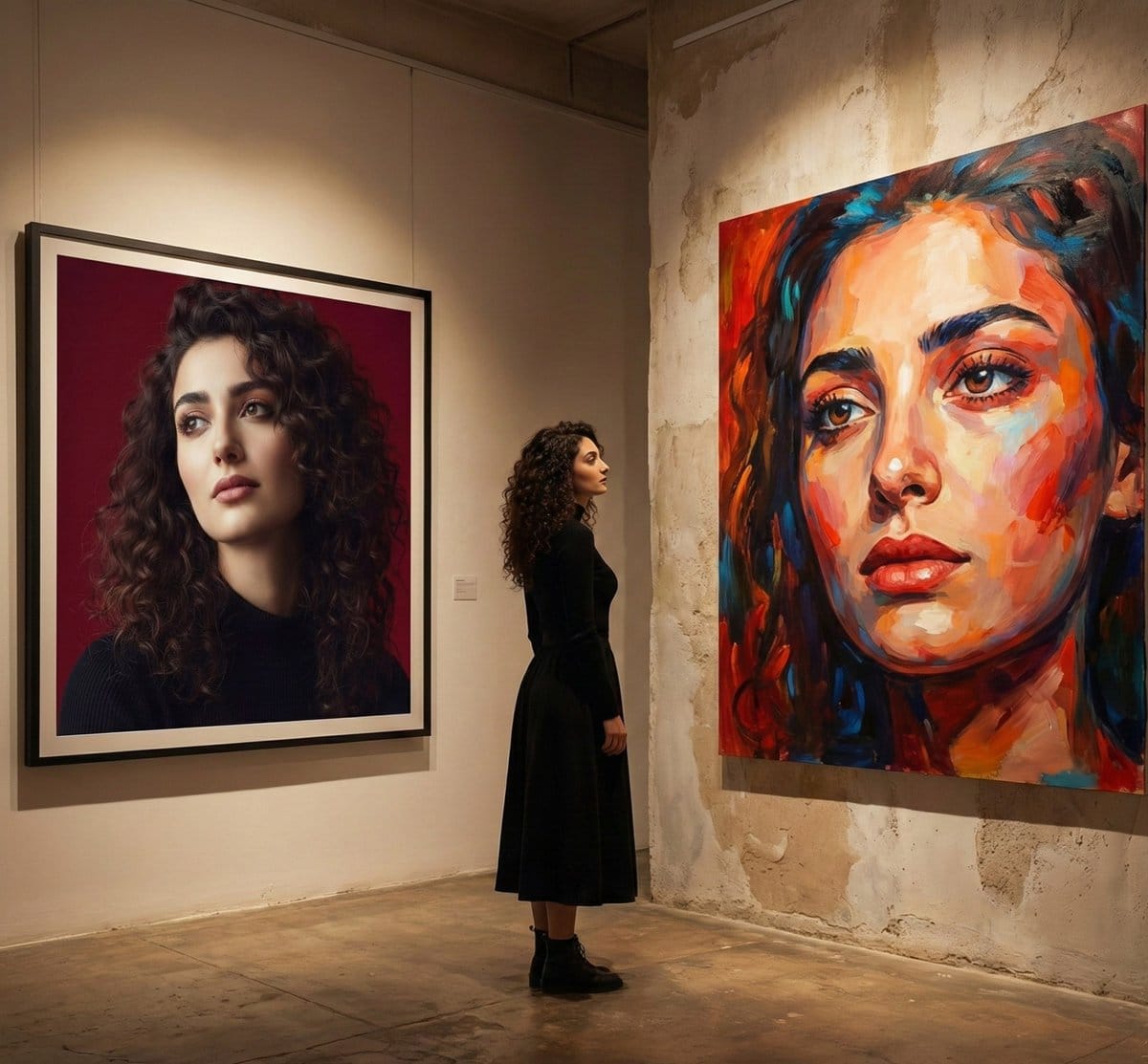 Cinematic Gallery Interior: Realism vs. Abstraction - Prompt de IA