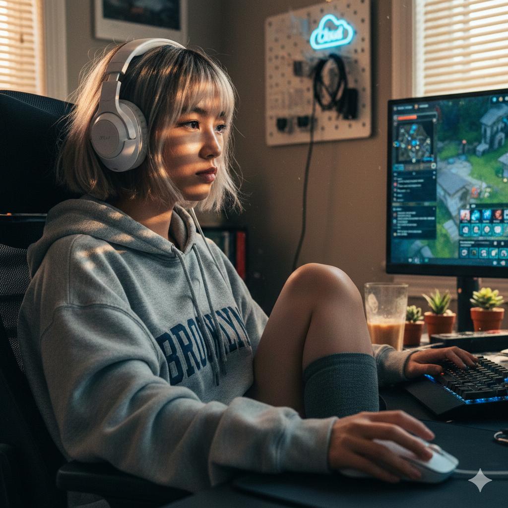 Cinematic Golden Hour Gaming Setup Portrait - Prompt de IA