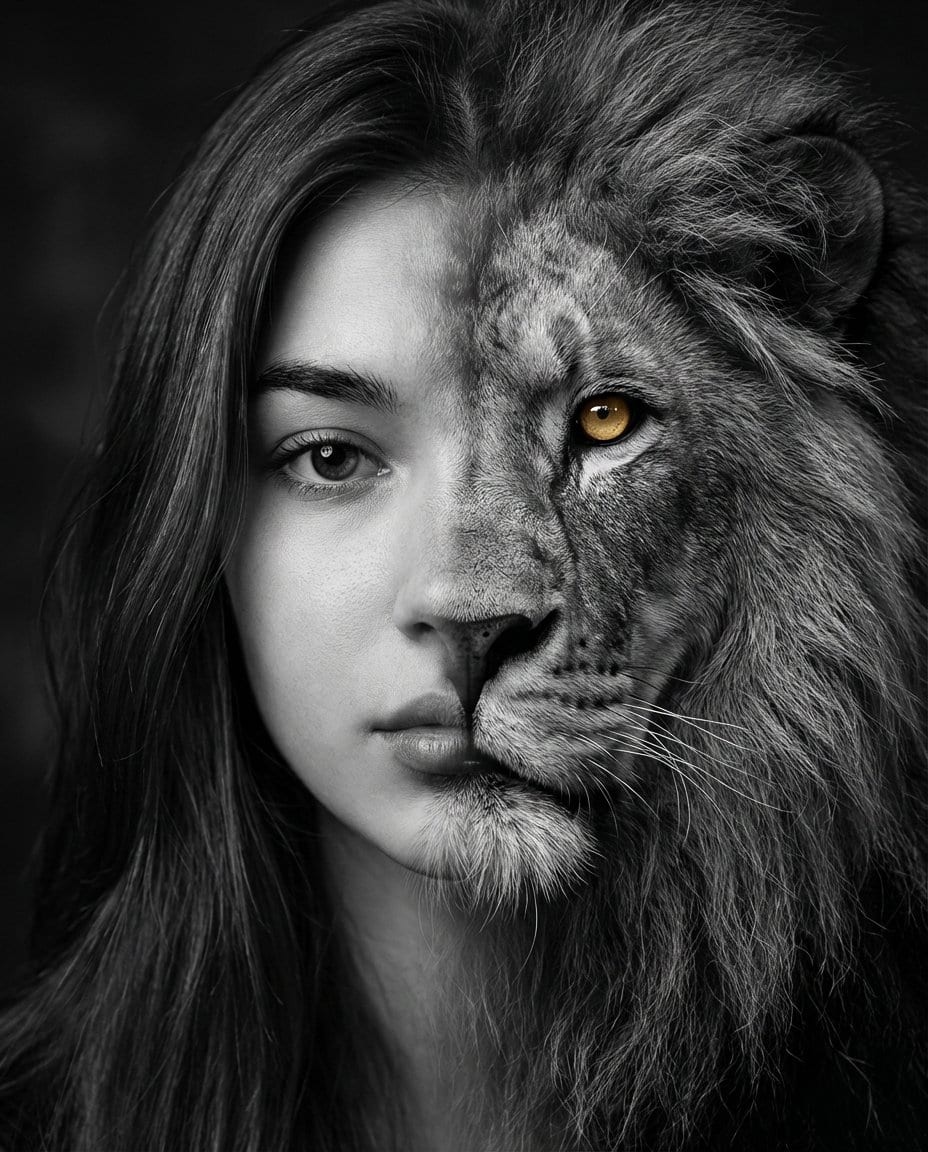 Cinematic Human-Lion Fusion Portrait - AI 프롬프트