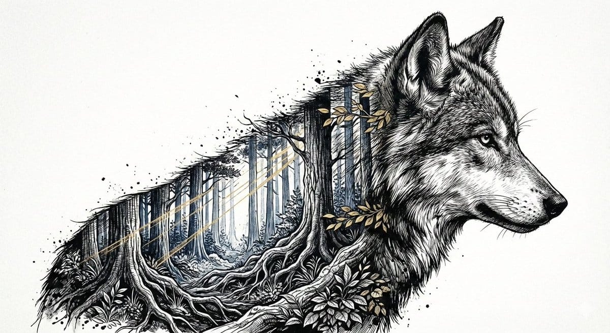 Cinematic Ink-Style Double-Exposure Wolf Portrait - AI Generated Character Style Image Example