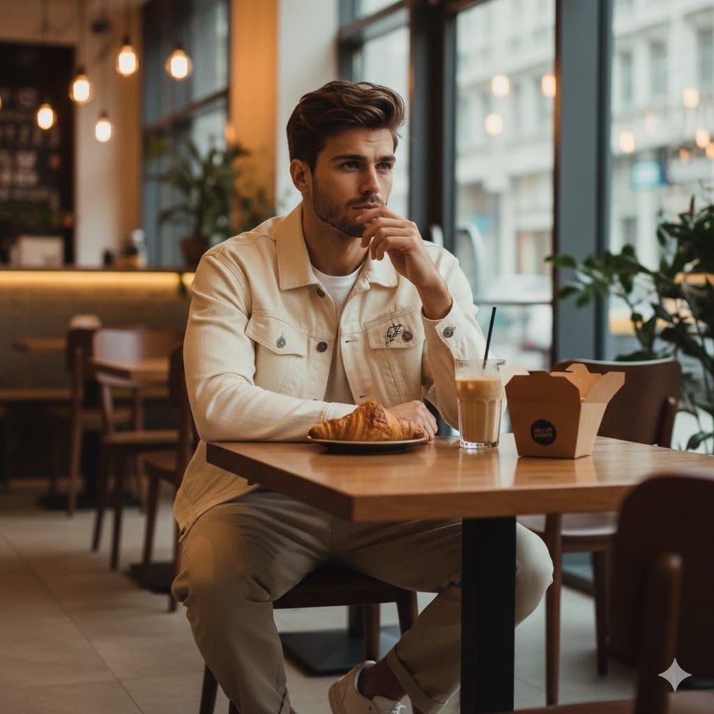 Cinematic Lifestyle Café Portrait Prompt - AI Generated Character Style Image Example