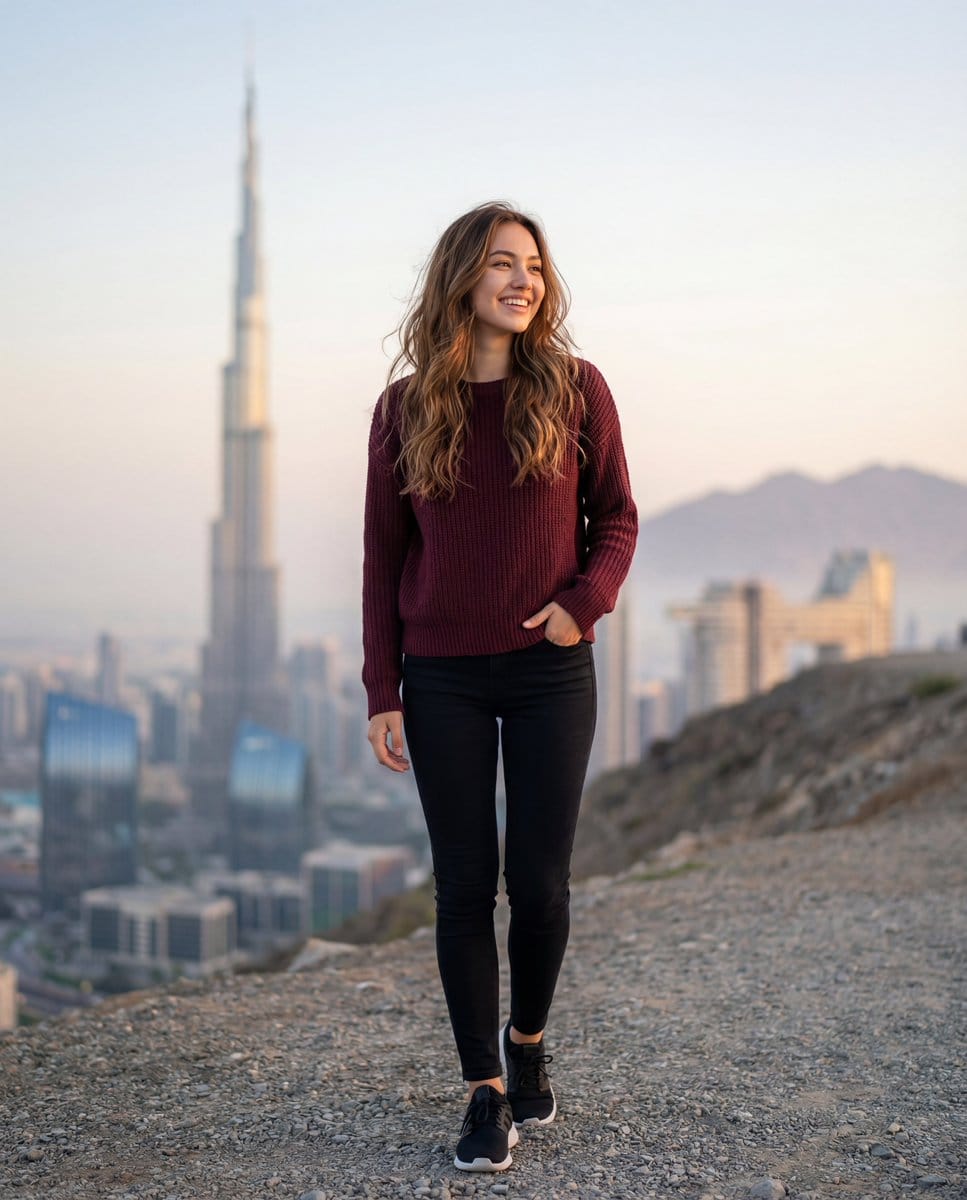 Cinematic Lifestyle Portrait in Dubai with Bokeh - AI Generated Character Style Image Example