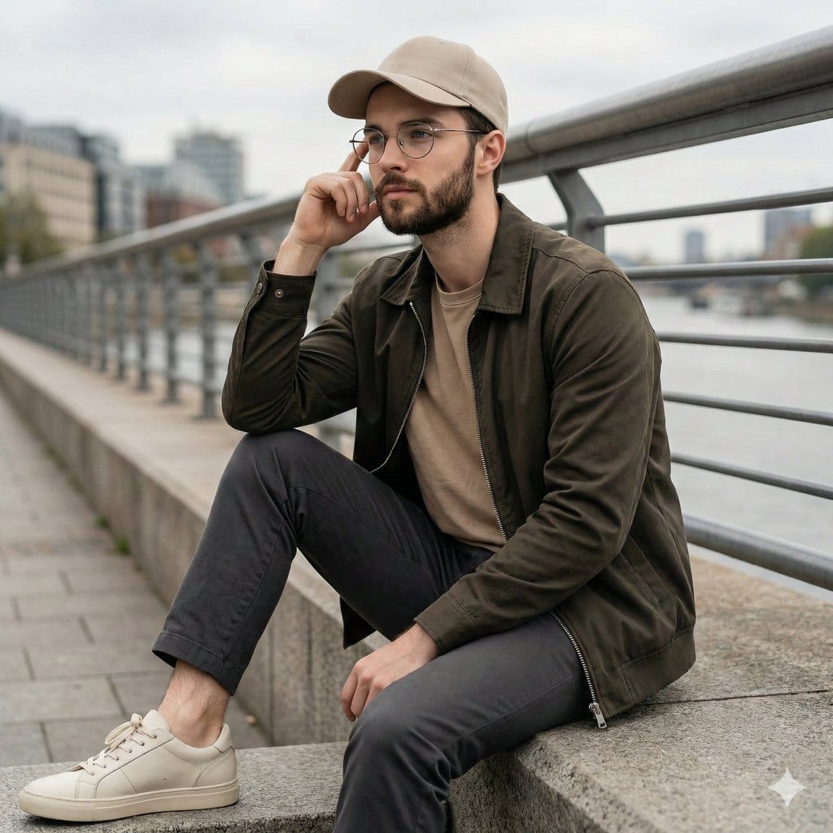Cinematic Lifestyle Portrait on Urban Promenade - AIプロンプト