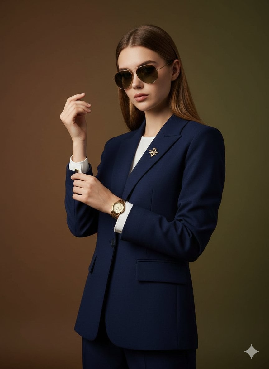 Cinematic Luxury Portrait of Woman Adjusting Cufflinks - AI Generated Character Style Image Example