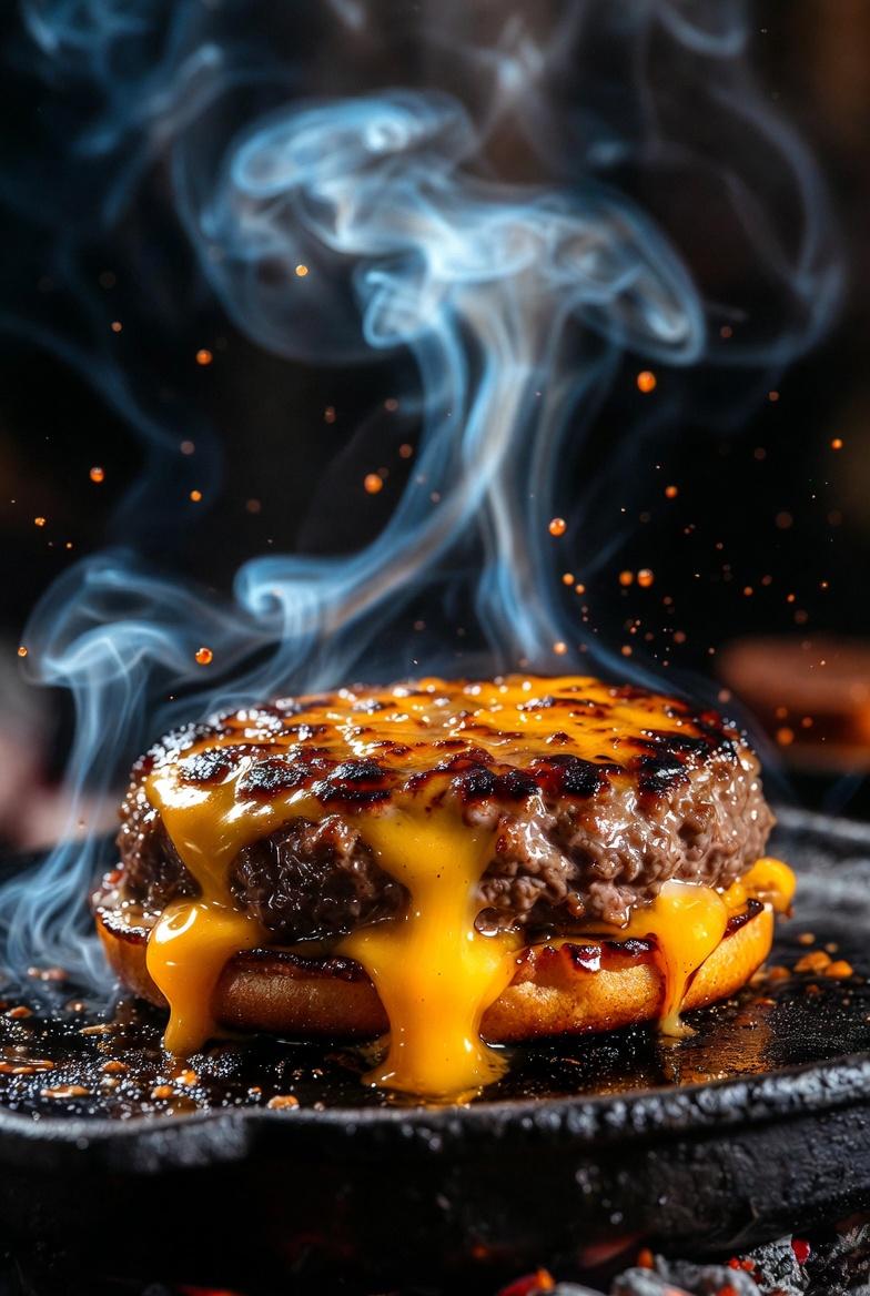 Cinematic Macro Shot of Sizzling Cheeseburger - KI-Prompt