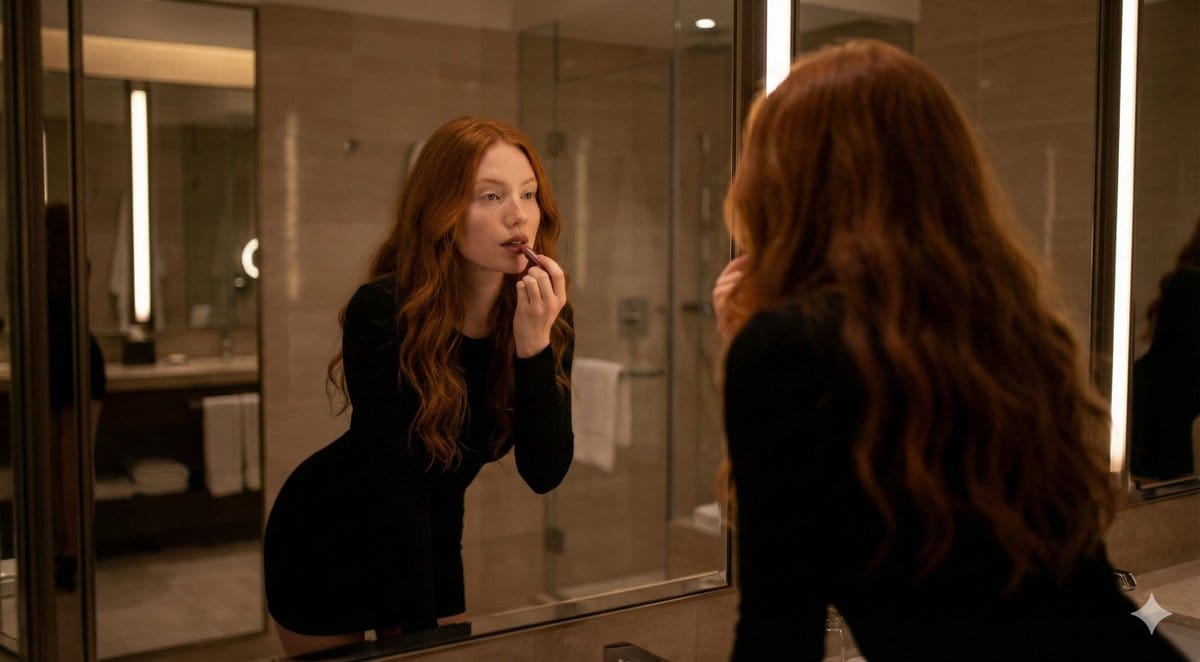 Cinematic Mirror Reflection of Woman Applying Lipstick - AI Generated Abstract Style Image Example