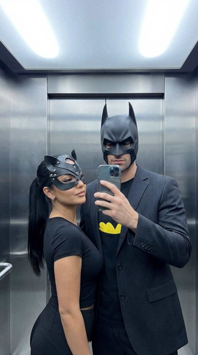 Cinematic Mirror Selfie: Batman and Catwoman Cosplay - AI 프롬프트