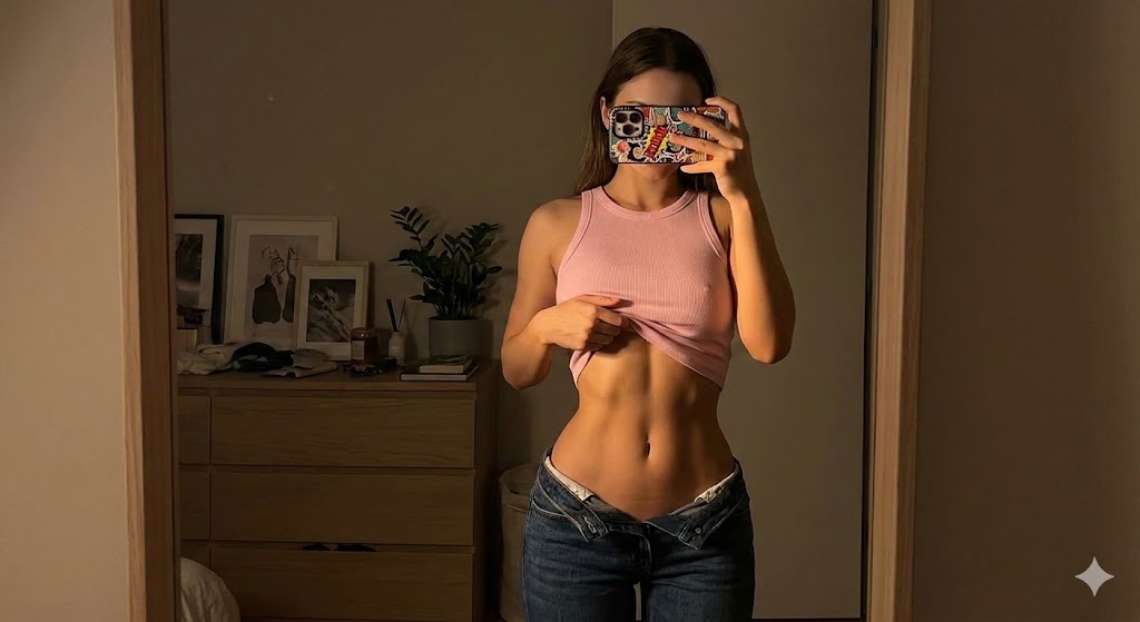 Preview image for Cinematic Mirror Selfie Emphasizing Toned Midriff prompt
