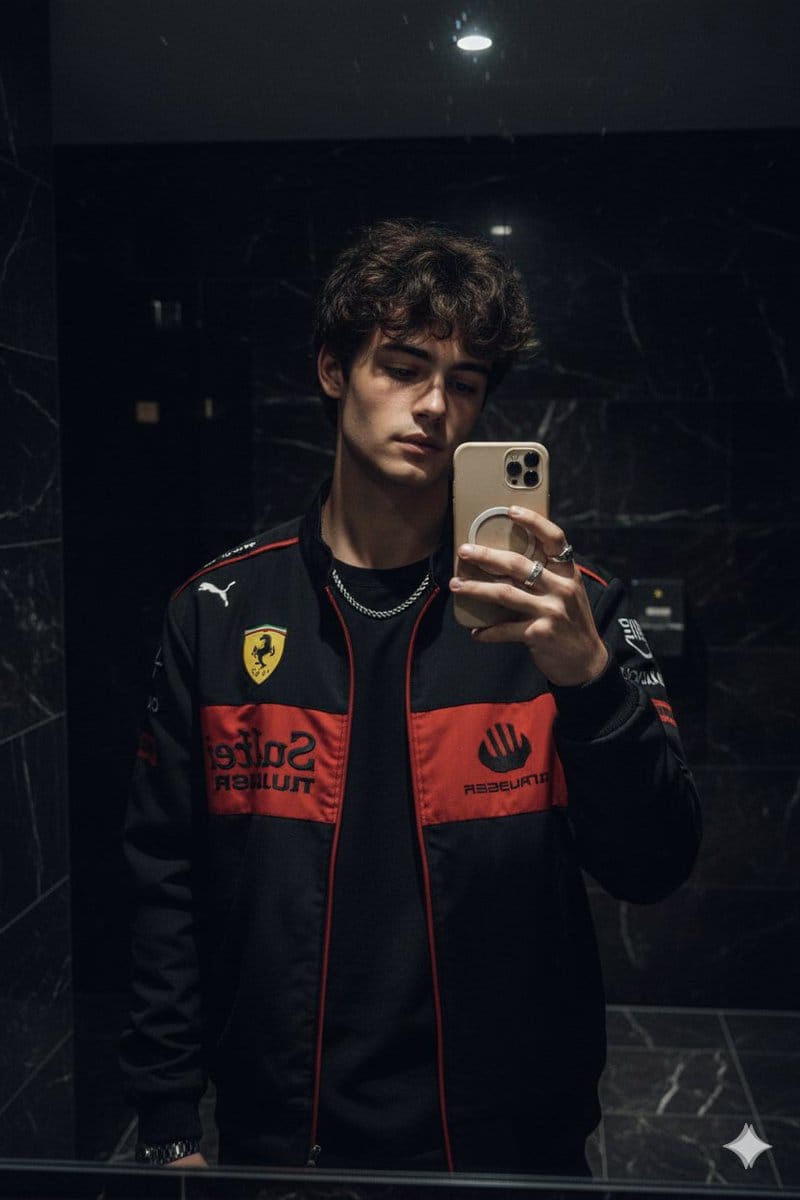 Cinematic Mirror Selfie in Dark Modern Bathroom - AI Generated Realistic Style Image Example
