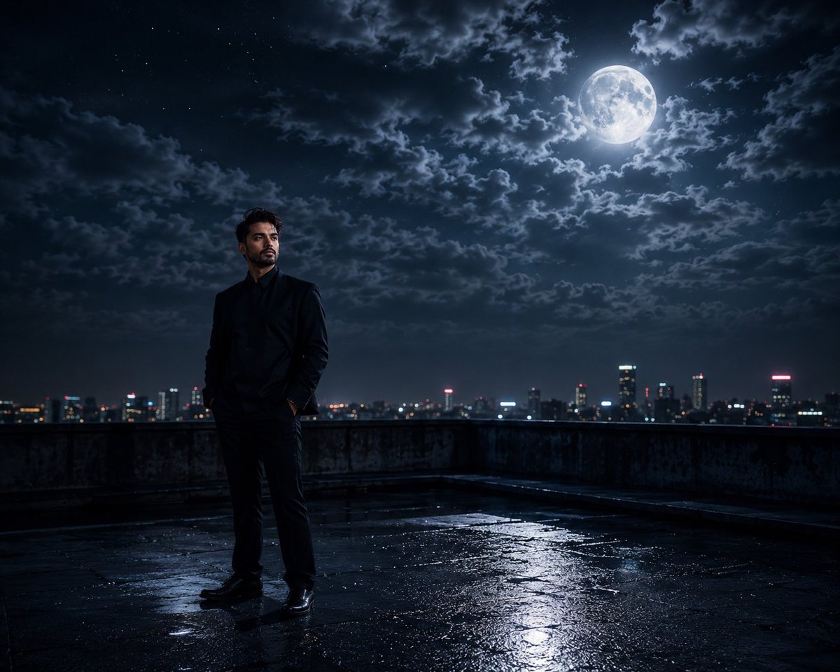 Cinematic Moonlight Rooftop Portrait Collage - AI Art AI Generated Artwork