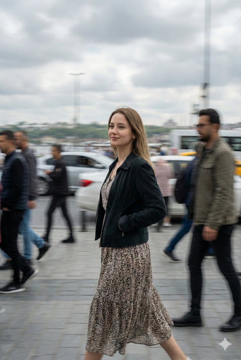 Cinematic Motion Blur Street Portrait Prompt - AI Generated Character Style Image Example