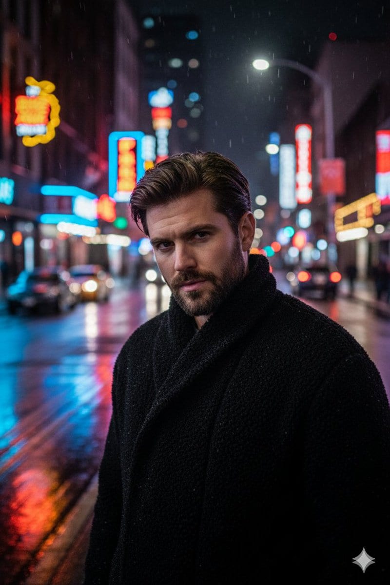 Cinematic Neon Night Street Portrait - AI提示词