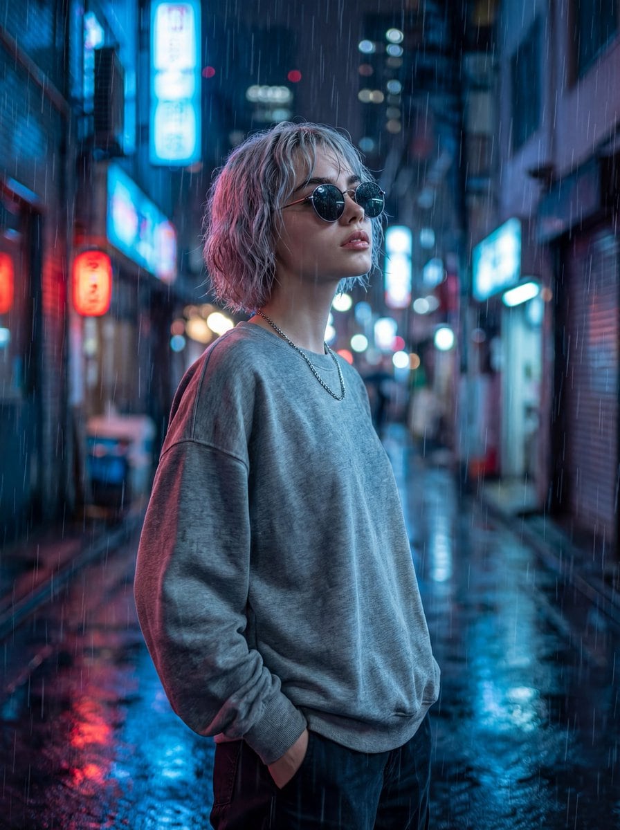 Cinematic Neon Rain Portrait Prompt - AI 프롬프트