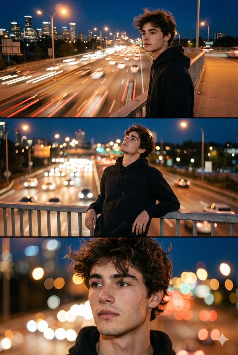 Cinematic Night City Triptych Portrait (Duplicate) - AI 프롬프트
