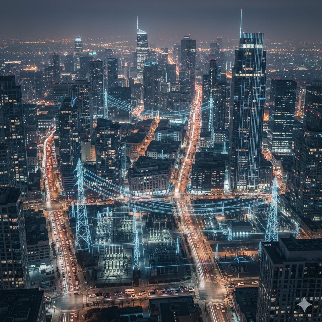 Cinematic Night City with Visible Power Grid - AI 프롬프트