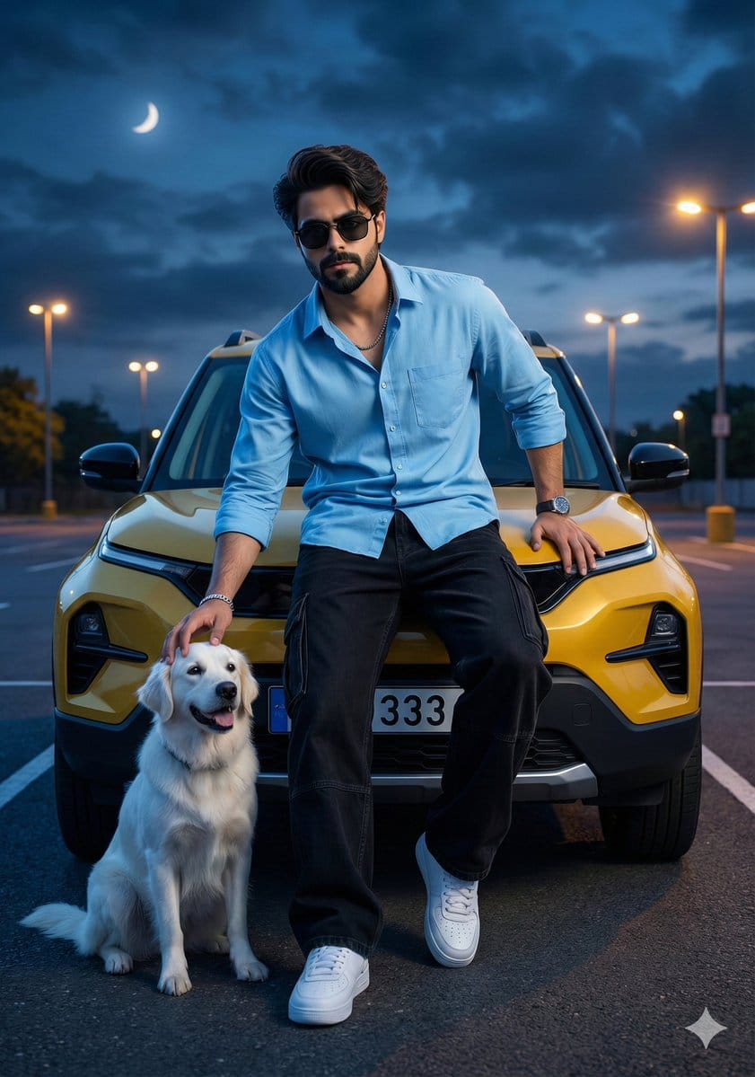 Cinematic Night Fashion Portrait with Luxury SUV and Dog - AI 프롬프트