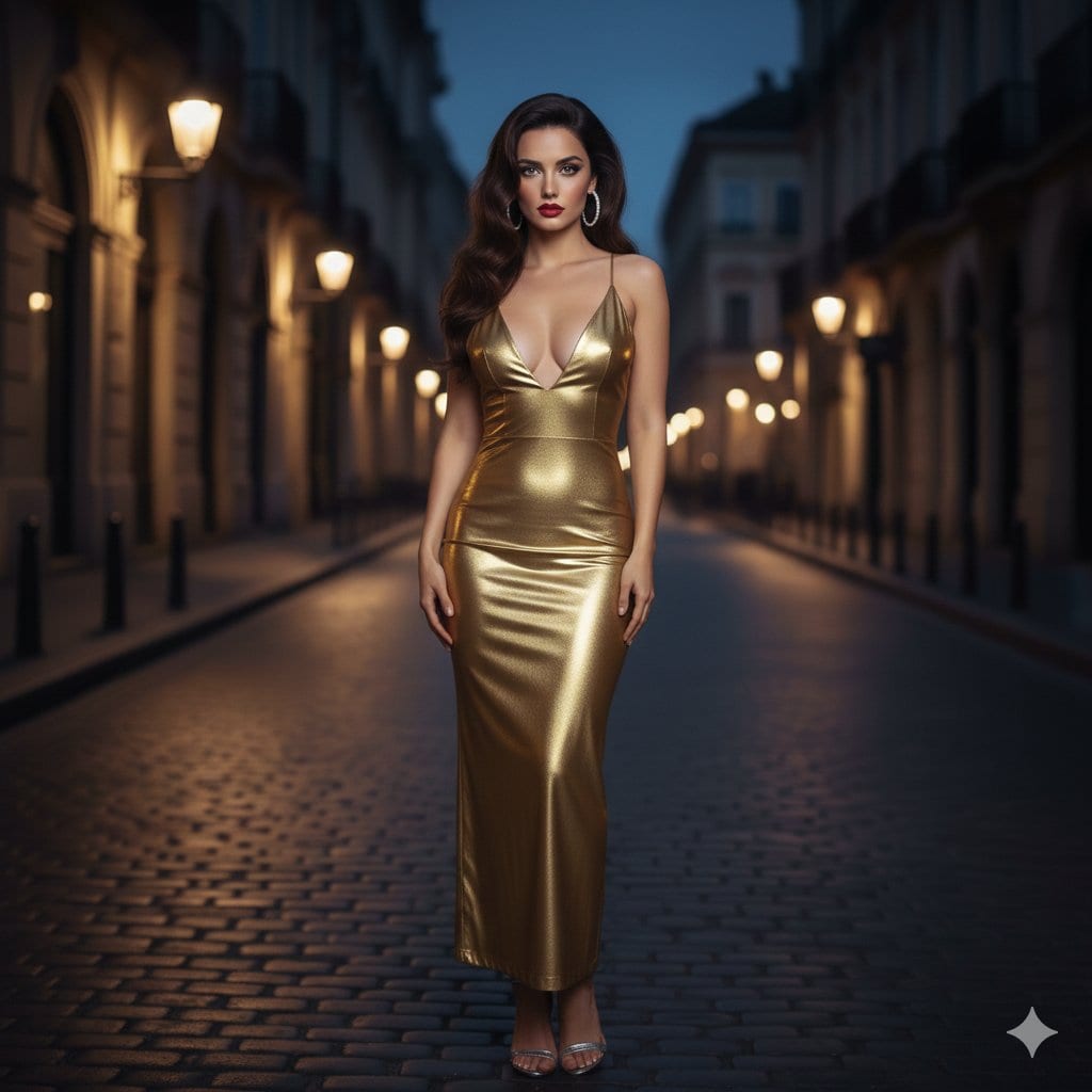 Cinematic Night Portrait in European Street - AI 프롬프트