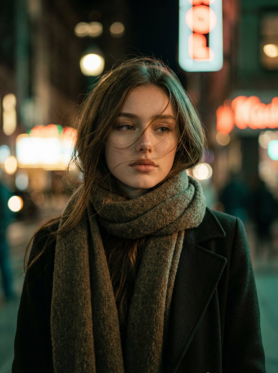 Preview image for Cinematic Night Portrait of a Young Woman prompt