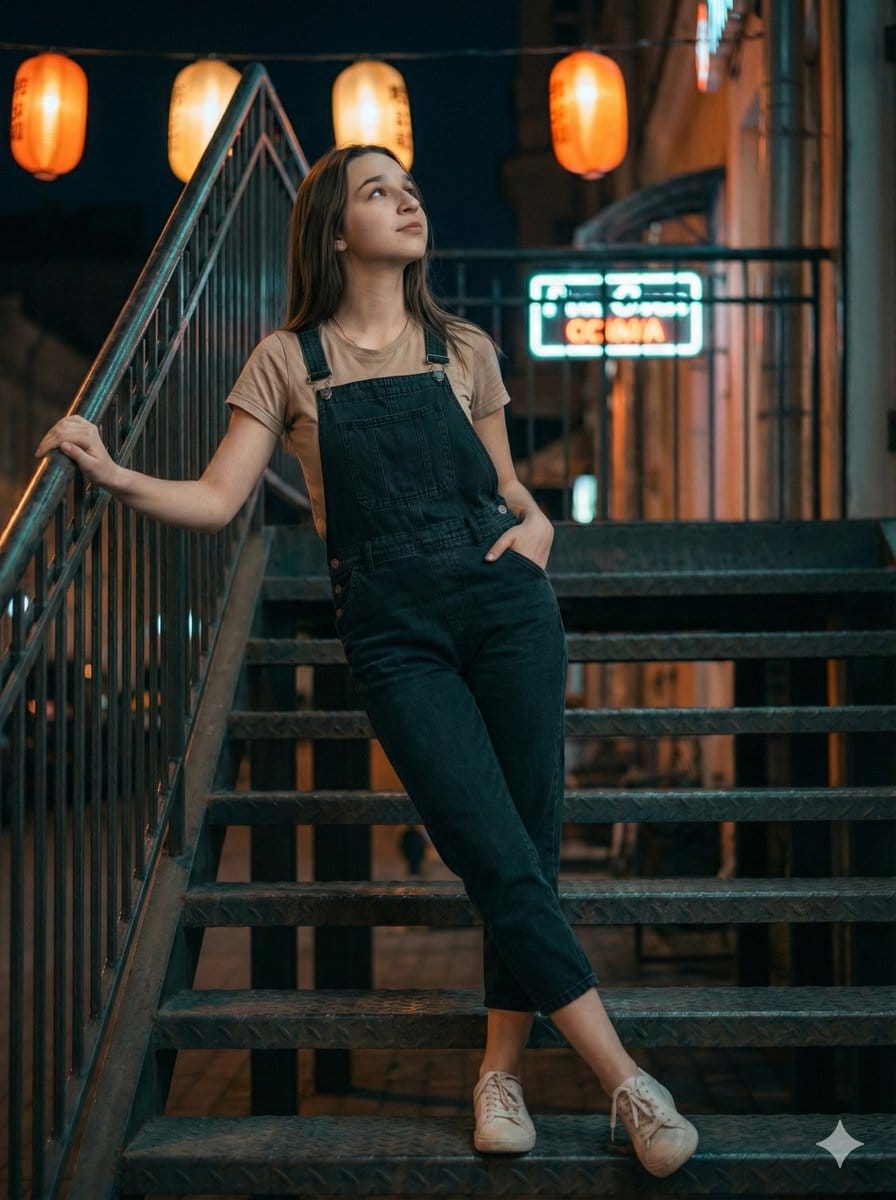 Cinematic Night Portrait on Urban Stairs - AIプロンプト