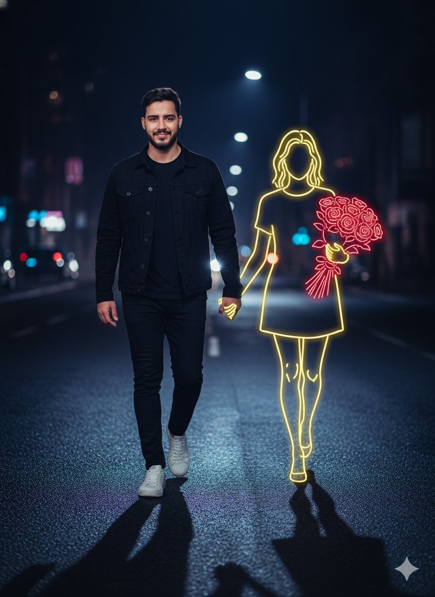 Cinematic Night Portrait with Neon Silhouette - Промпт ИИ