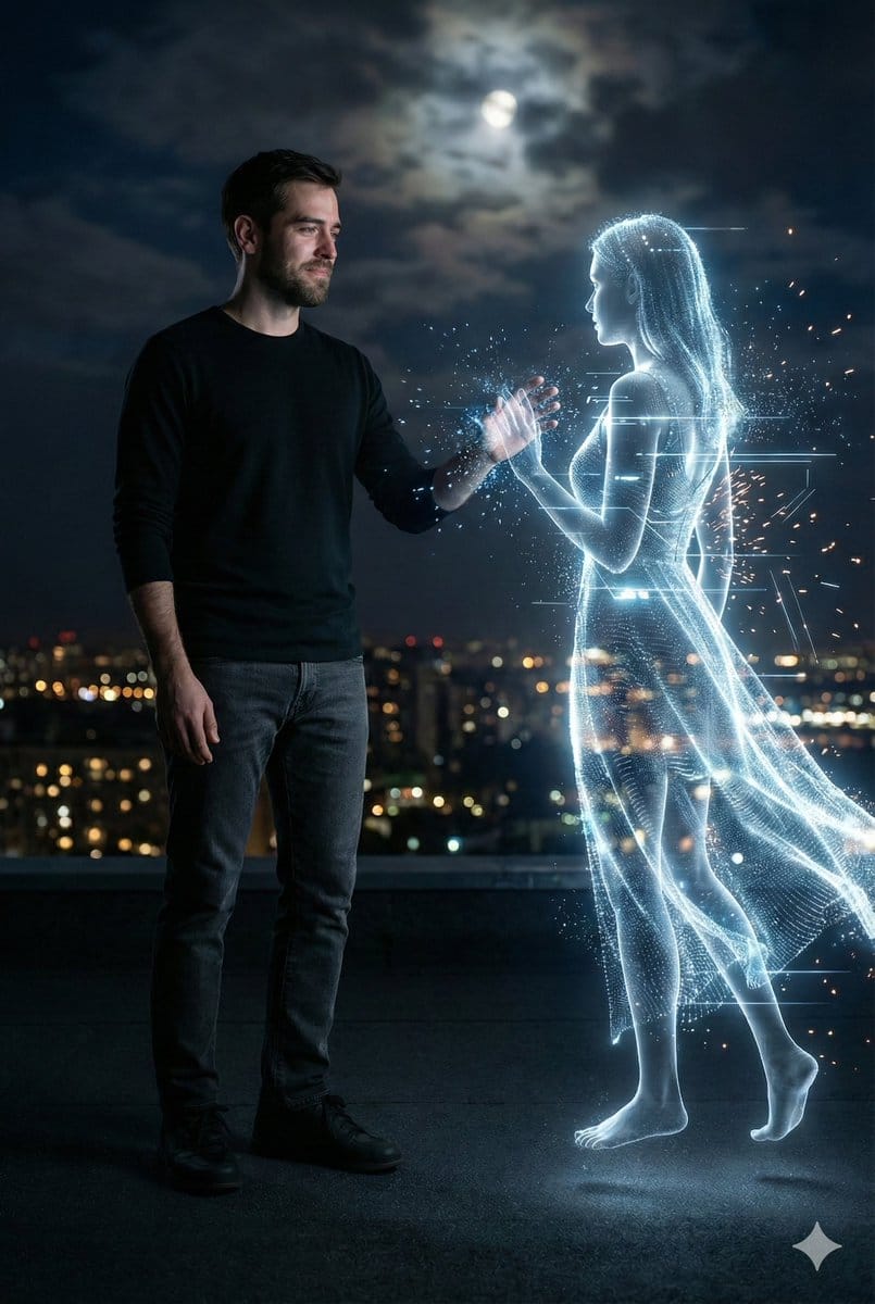 Cinematic Night Rooftop Scene with Hologram - Промпт ИИ