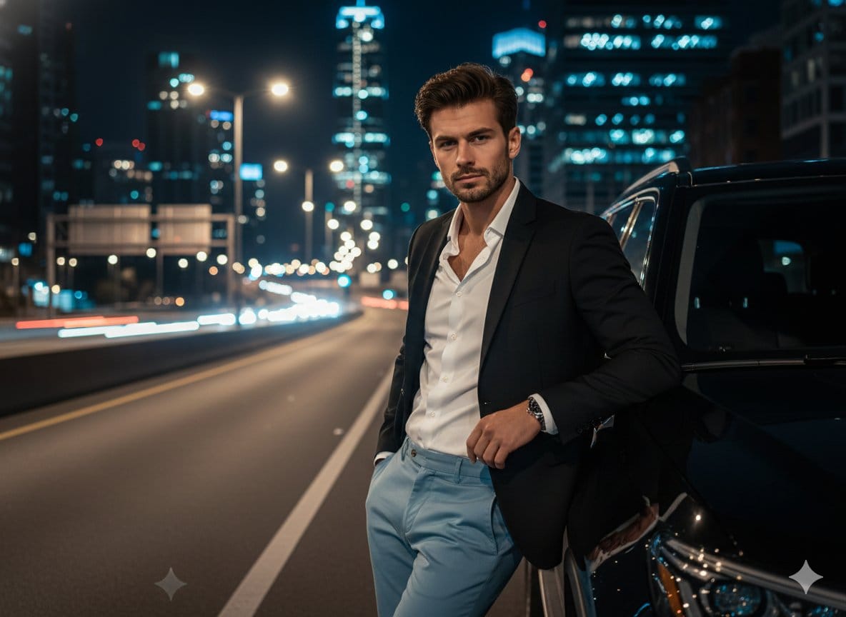 Cinematic Night Urban Portrait with Luxury SUV - KI-Prompt