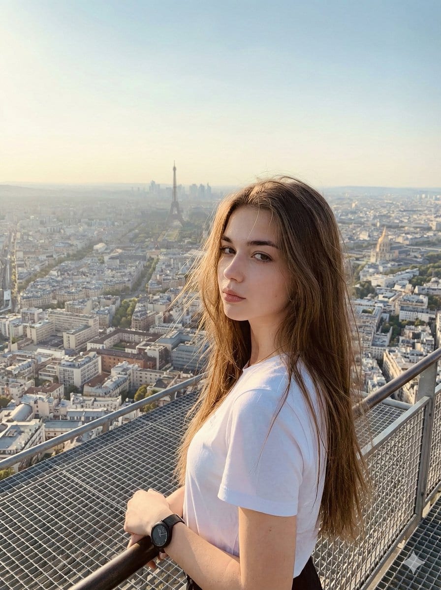 Cinematic Parisian Tower Portrait with Identity Preservation - AI 프롬프트