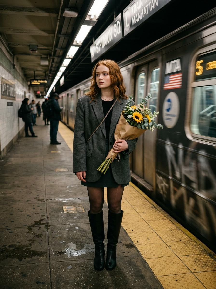 Preview image for Cinematic photo of a woman on a subway platform with motion blur prompt