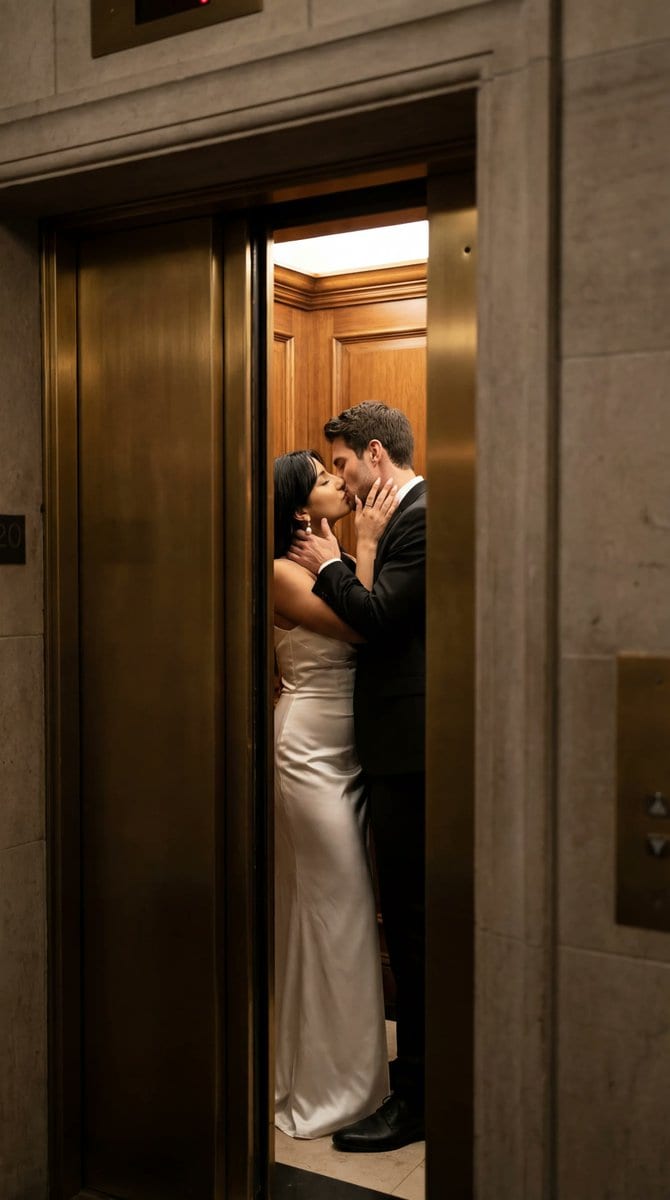 Cinematic Photoreal Elevator Kiss Scene - AI提示词