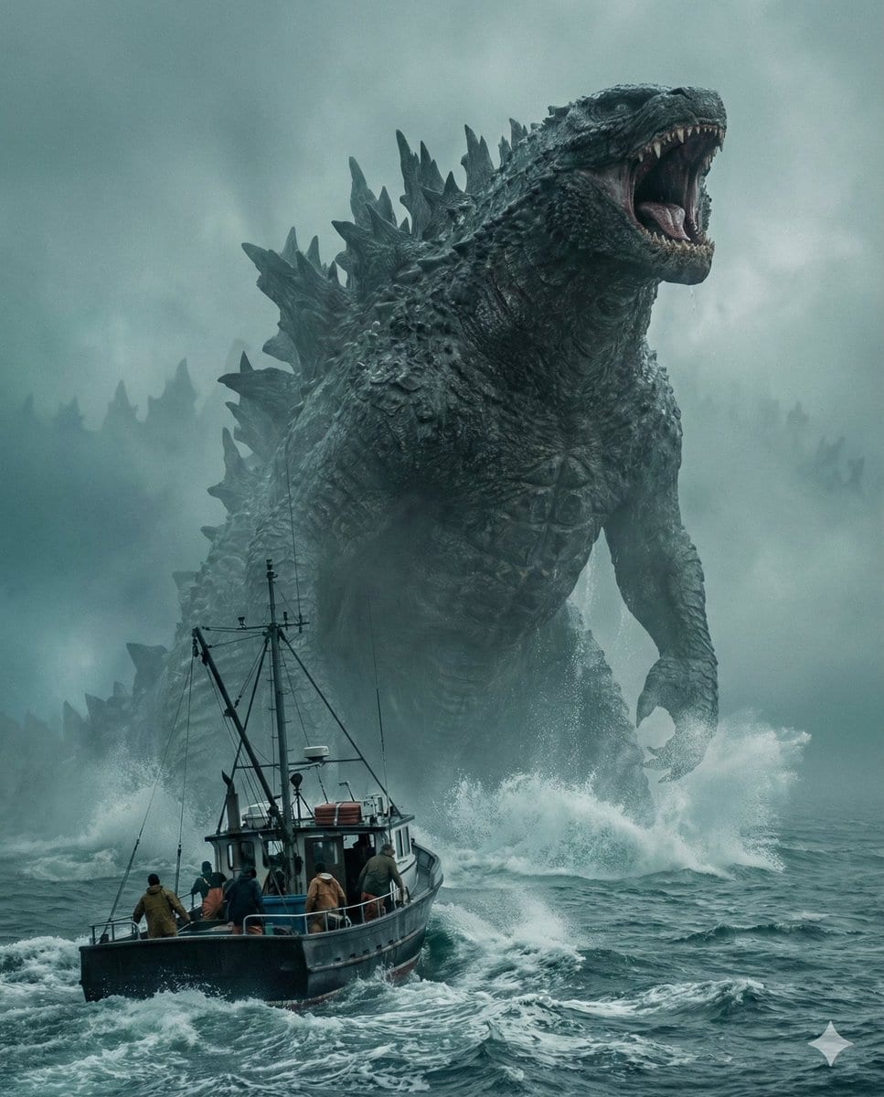 Cinematic Photorealistic Godzilla Encounter Prompt - AI Generated Realistic Style Image Example