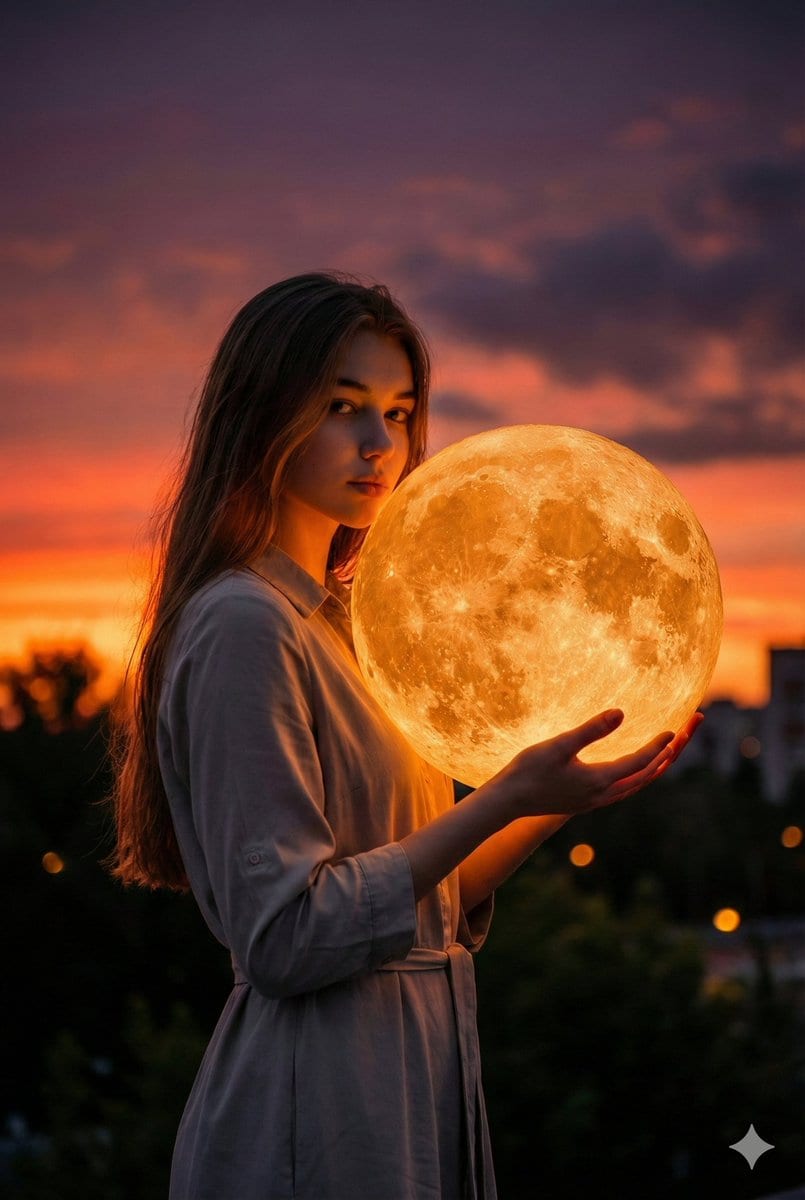 Cinematic Photorealistic Portrait Holding a Giant Glowing Moon - AI提示詞